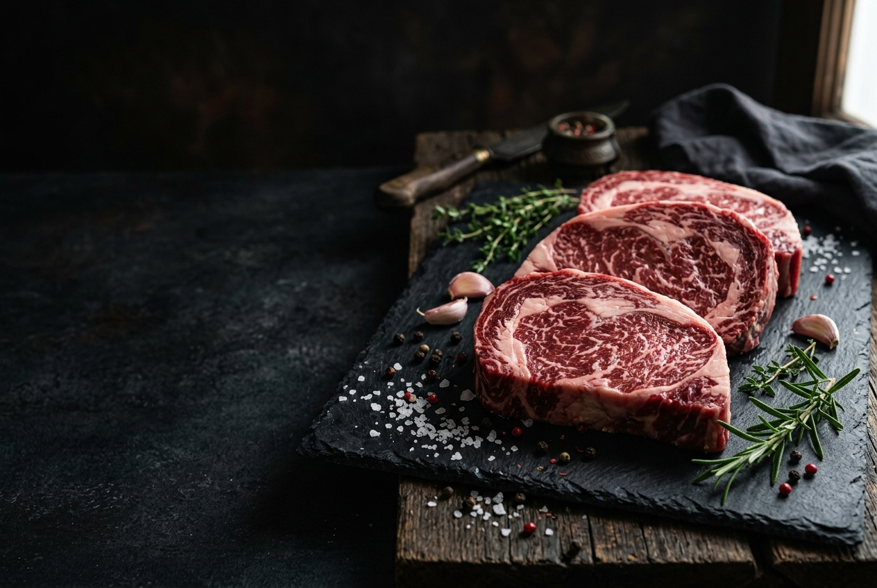 Premium marbled ribeye steaks on dark slate with rosemary and sea salt